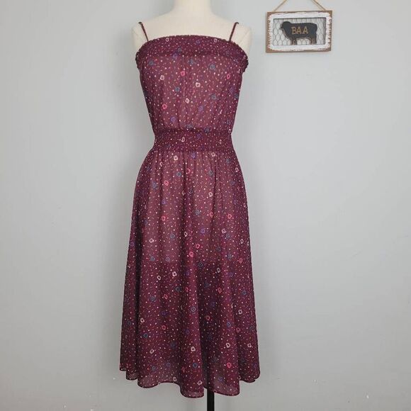 Vintage 1970s? Sheer Micro Floral Smocked Sundress Sz S‎ Maroon Swing Strappy - Picture 1 of 8